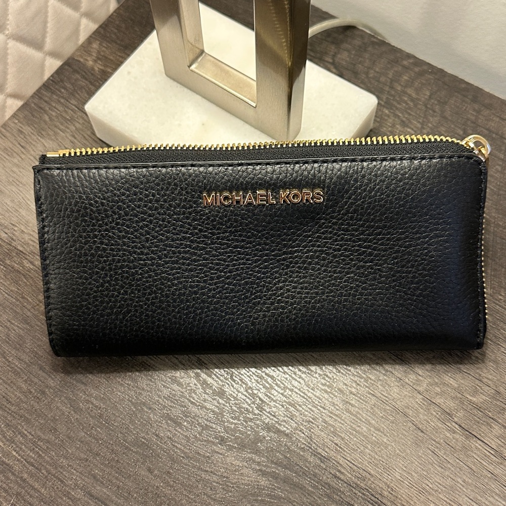 Michael Kors Black Pebbled Leather Wallet with Gold Accents